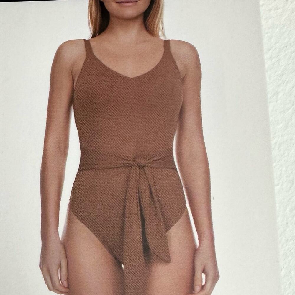 Nicole Miller Studio Deep V Neck One Piece Swimsuit Tie Waist Nude Brown Large